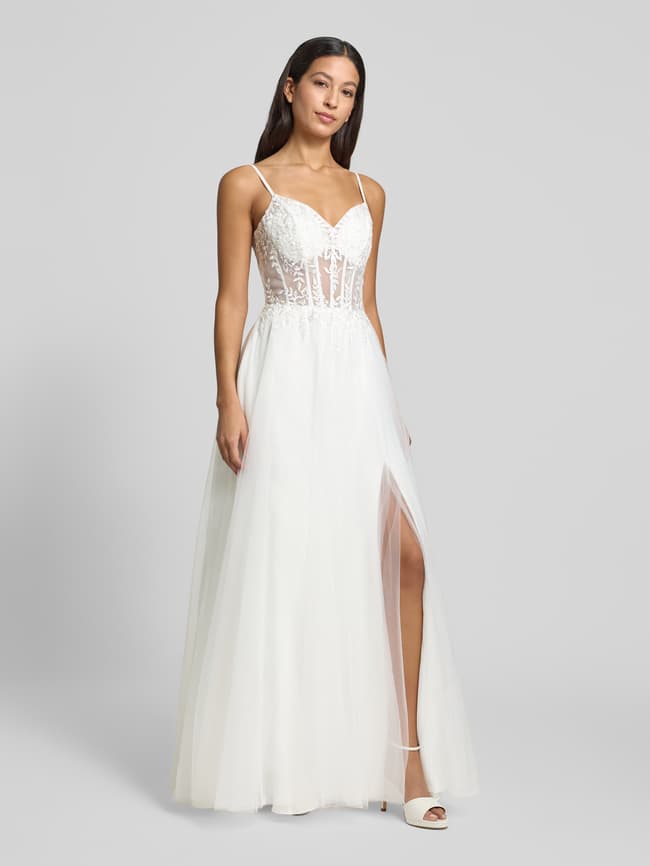 Abendkleid aus Tüll mit floralen Stitchings - Offwhite