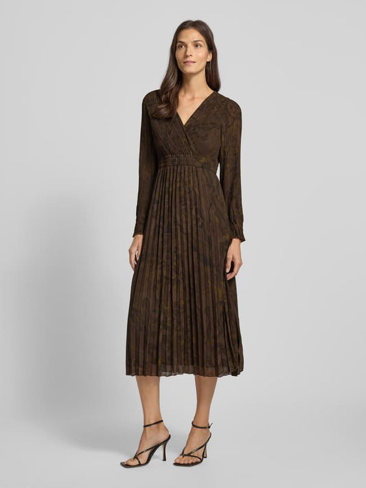 Midikleid mit Plisseefalten und V-Ausschnitt - Dunkelbraun