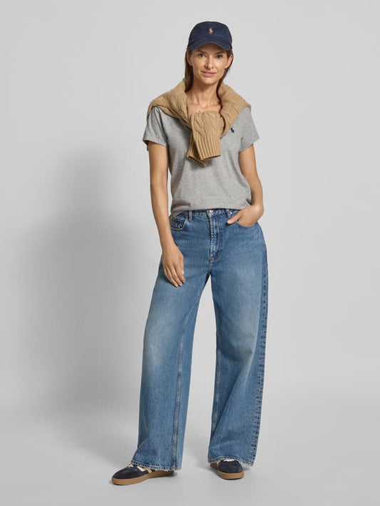 T-Shirt mit Label-Stitching und V-Ausschnitt - Stein