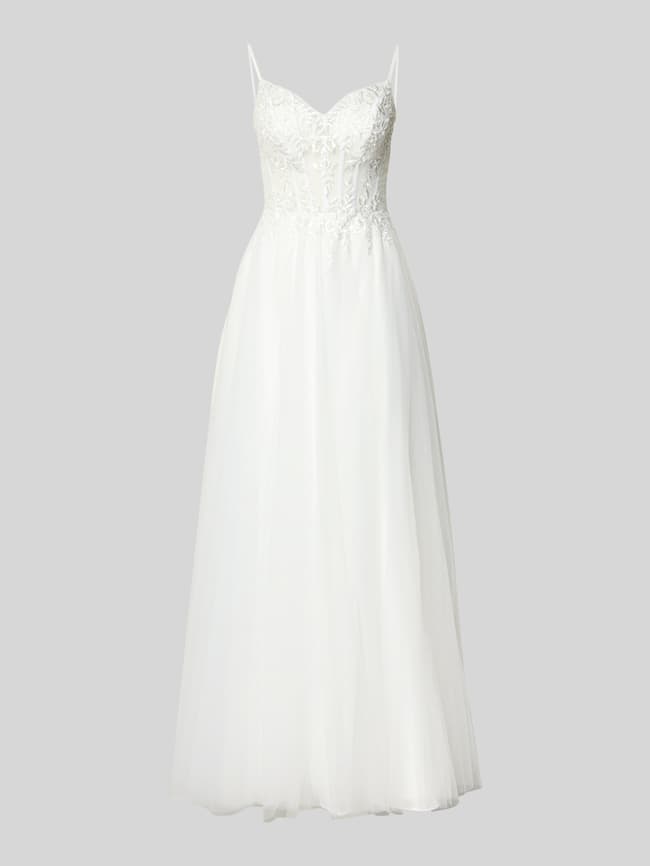 Abendkleid aus Tüll mit floralen Stitchings - Offwhite