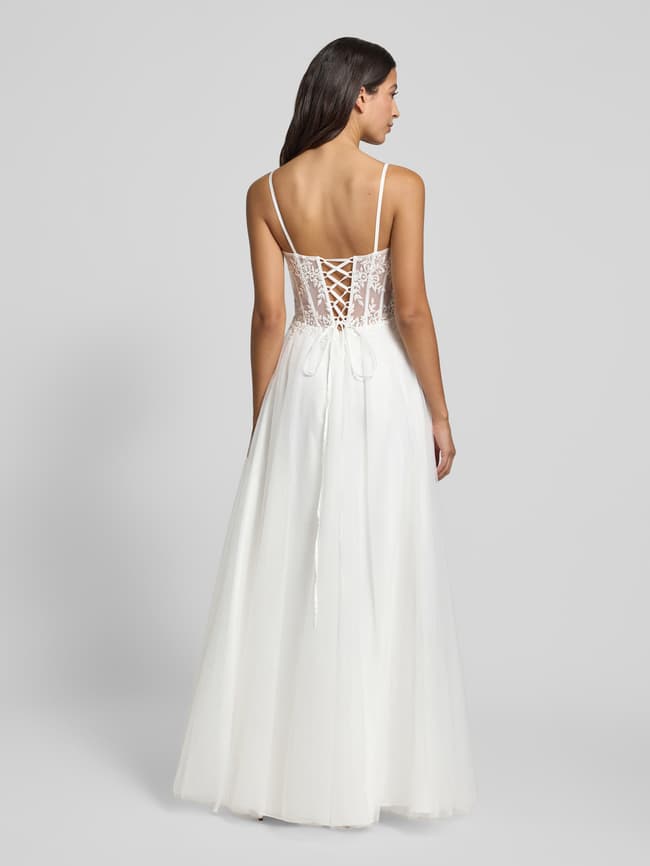 Abendkleid aus Tüll mit floralen Stitchings - Offwhite