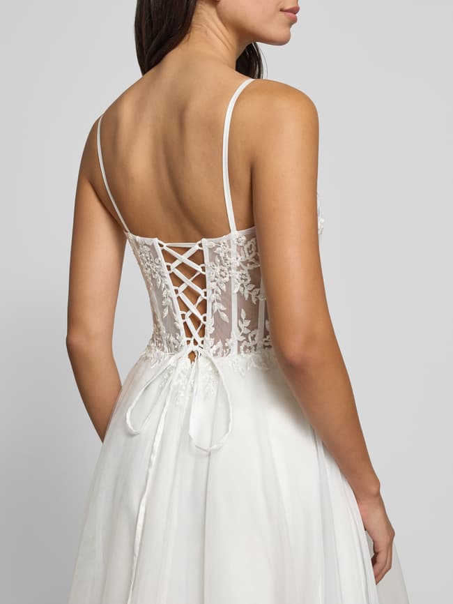 Abendkleid aus Tüll mit floralen Stitchings - Offwhite