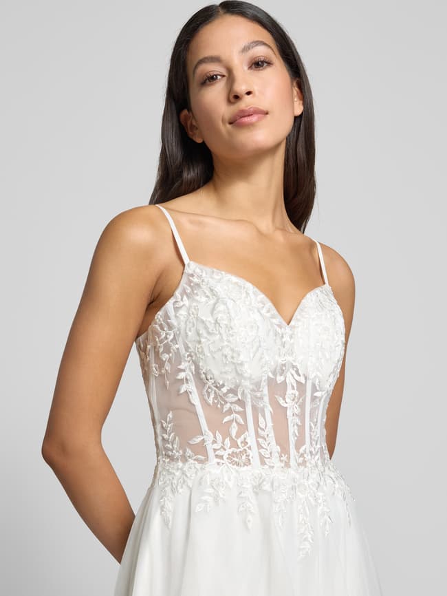 Abendkleid aus Tüll mit floralen Stitchings - Offwhite