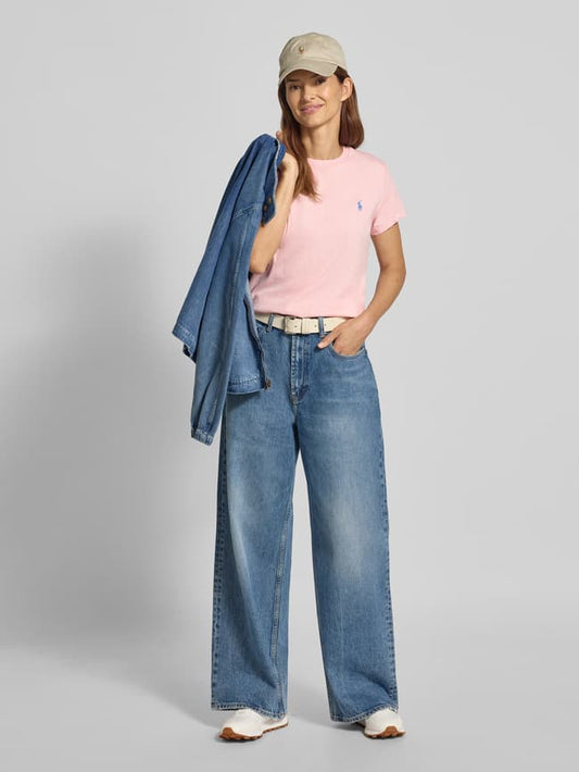 T-Shirt mit Label-Stitching und Rundhalsausschnitt - Pink